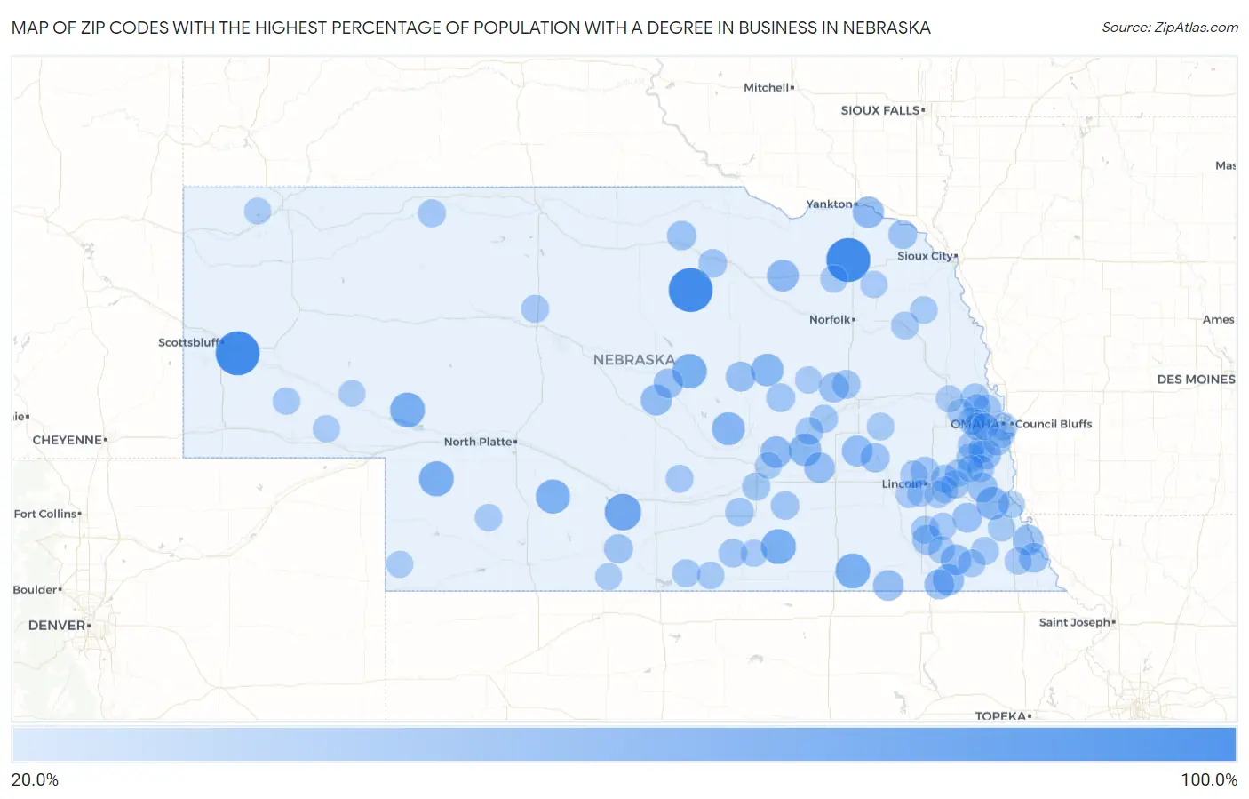 Zip Codes with the Highest Percentage of Population with a Degree in Business in Nebraska Map