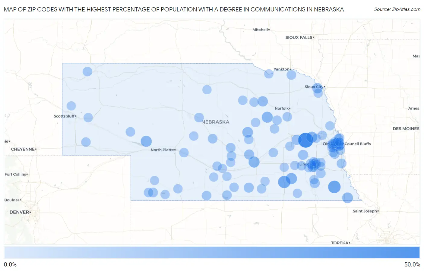 Zip Codes with the Highest Percentage of Population with a Degree in Communications in Nebraska Map