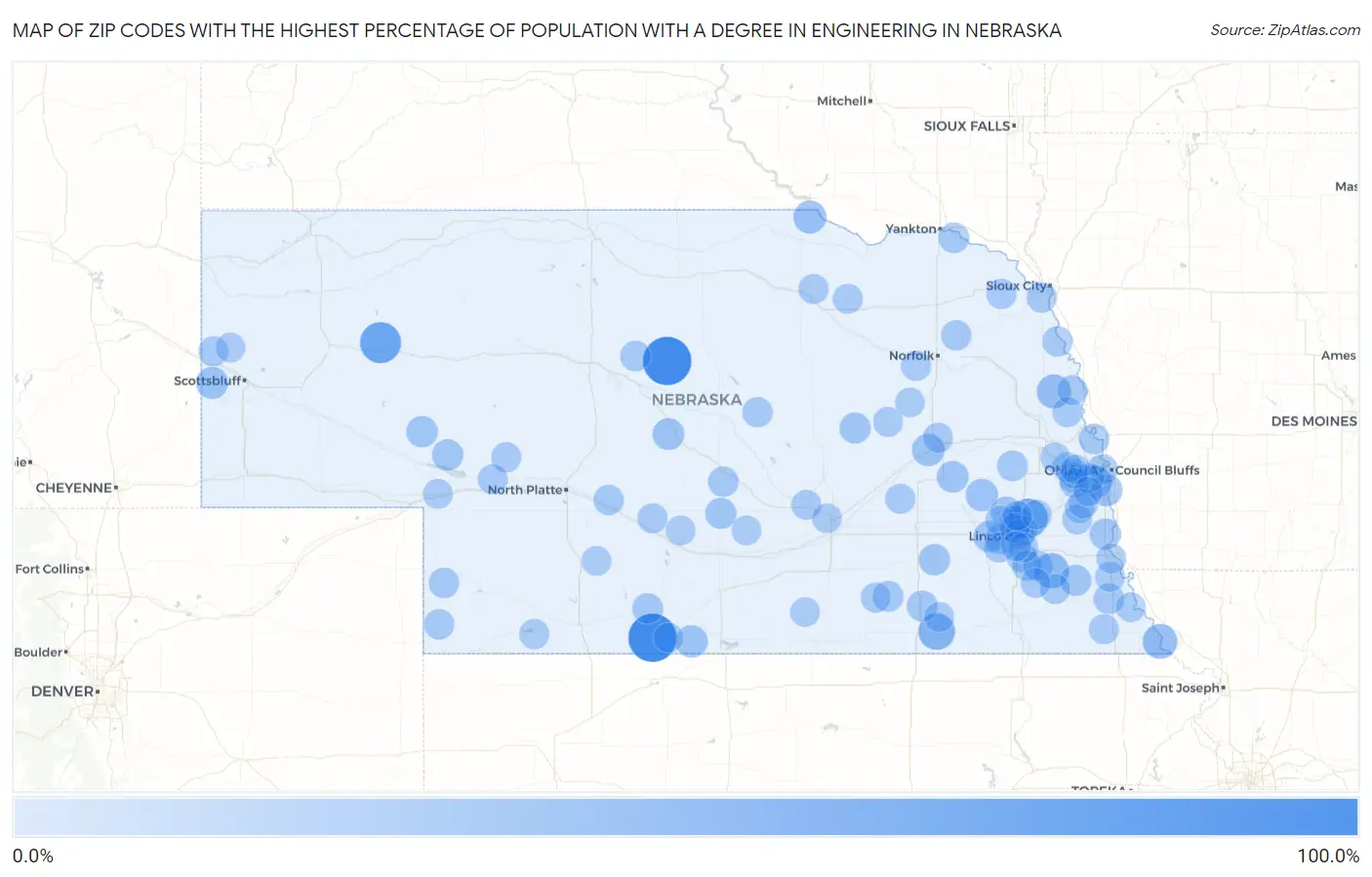 Zip Codes with the Highest Percentage of Population with a Degree in Engineering in Nebraska Map