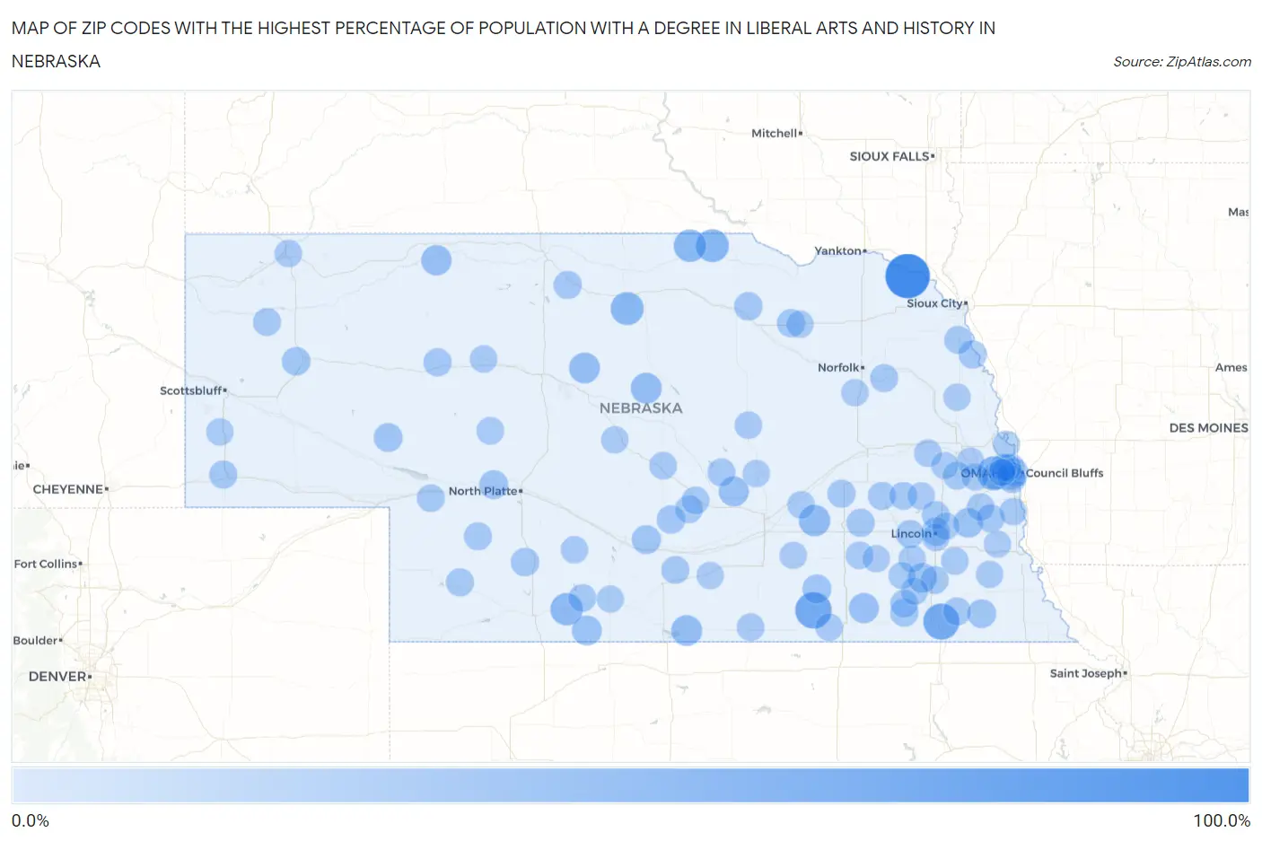 Zip Codes with the Highest Percentage of Population with a Degree in Liberal Arts and History in Nebraska Map