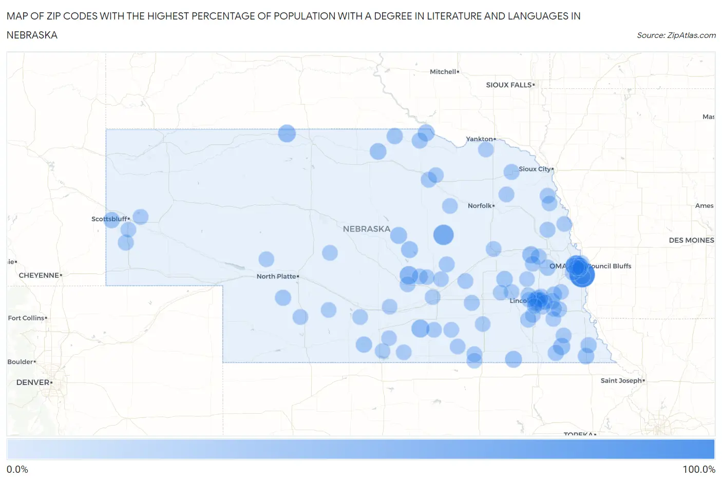 Zip Codes with the Highest Percentage of Population with a Degree in Literature and Languages in Nebraska Map