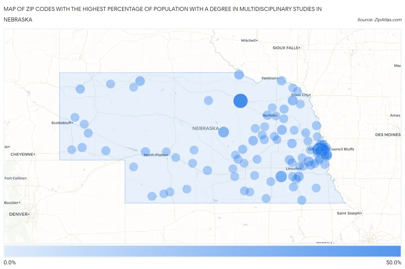 Zip Codes with the Highest Percentage of Population with a Degree in Multidisciplinary Studies in Nebraska Map