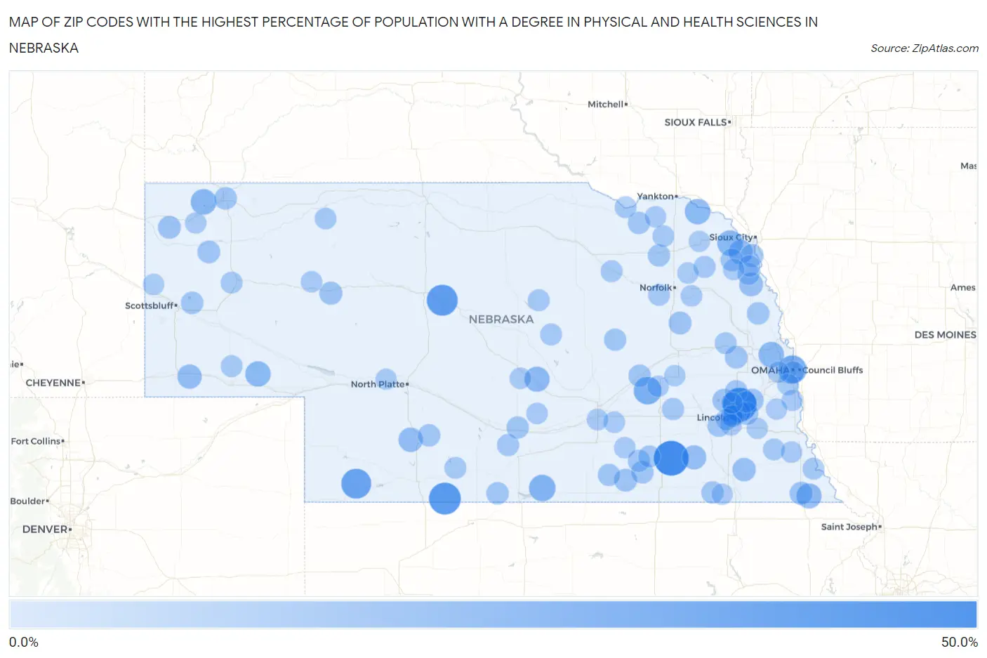 Zip Codes with the Highest Percentage of Population with a Degree in Physical and Health Sciences in Nebraska Map