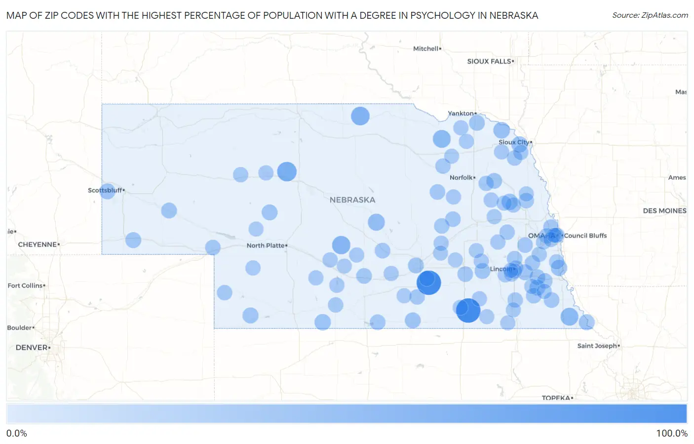 Zip Codes with the Highest Percentage of Population with a Degree in Psychology in Nebraska Map