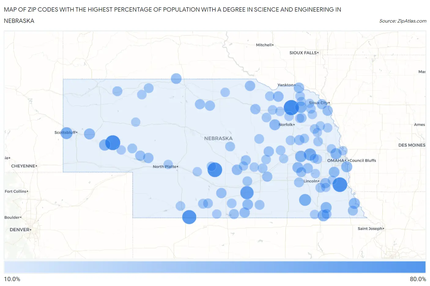 Zip Codes with the Highest Percentage of Population with a Degree in Science and Engineering in Nebraska Map