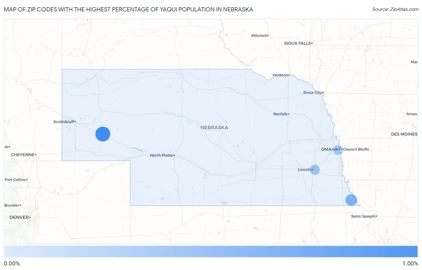 Zip Codes with the Highest Percentage of Yaqui Population in Nebraska Map