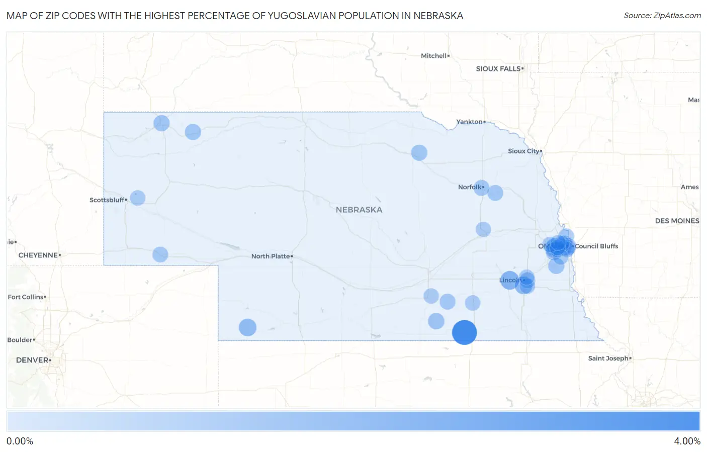 Zip Codes with the Highest Percentage of Yugoslavian Population in Nebraska Map
