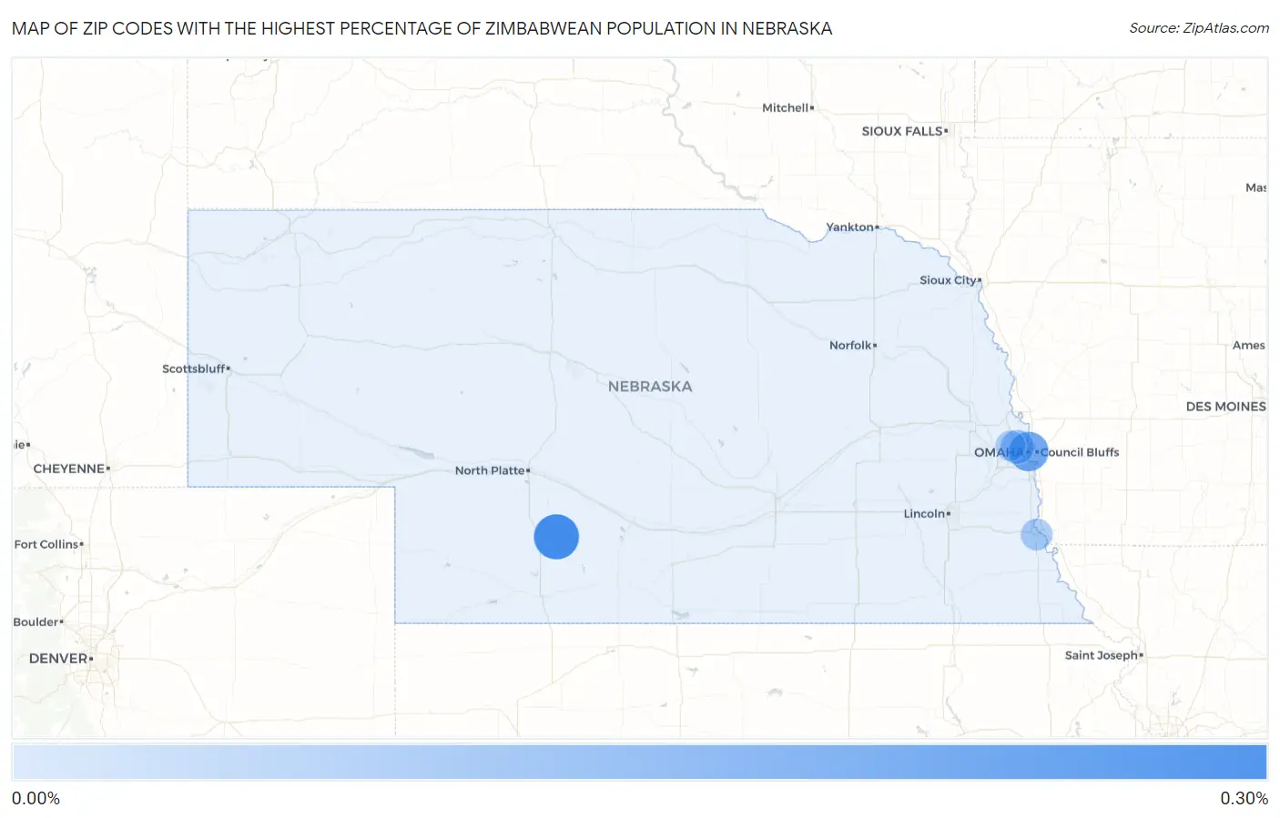 Zip Codes with the Highest Percentage of Zimbabwean Population in Nebraska Map