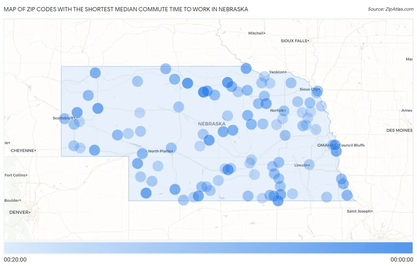 Zip Codes with the Shortest Median Commute Time to Work in Nebraska Map