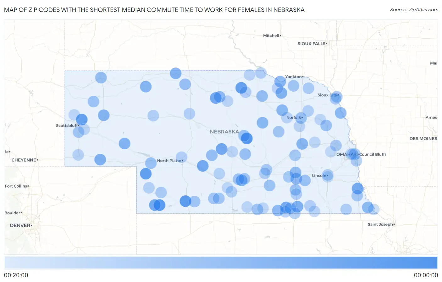 Zip Codes with the Shortest Median Commute Time to Work for Females in Nebraska Map