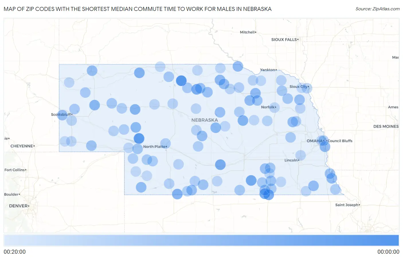 Zip Codes with the Shortest Median Commute Time to Work for Males in Nebraska Map