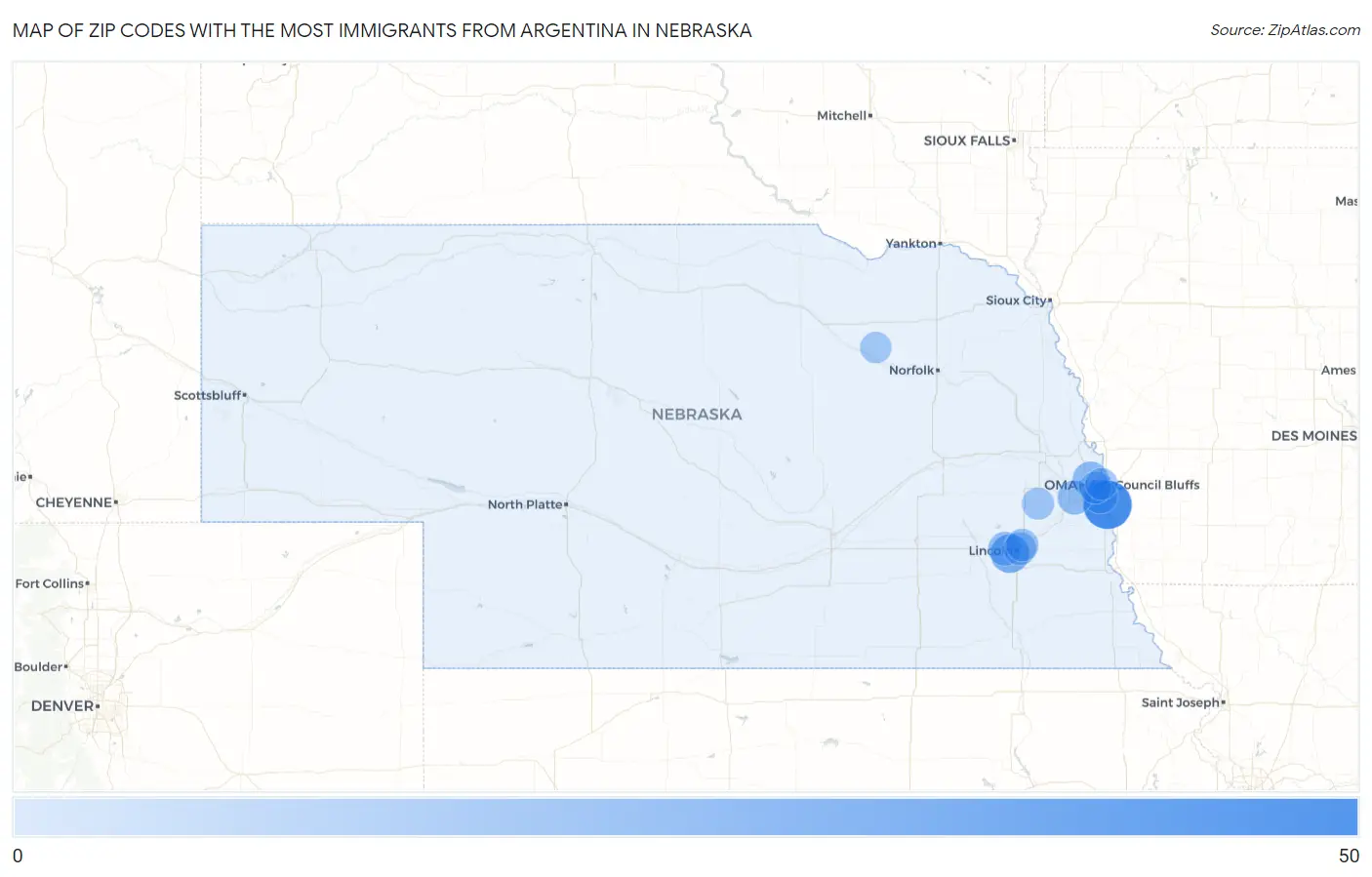 Zip Codes with the Most Immigrants from Argentina in Nebraska Map