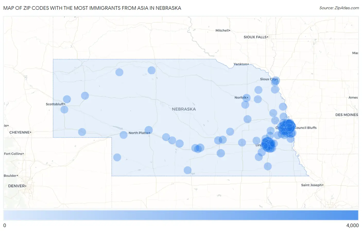 Zip Codes with the Most Immigrants from Asia in Nebraska Map