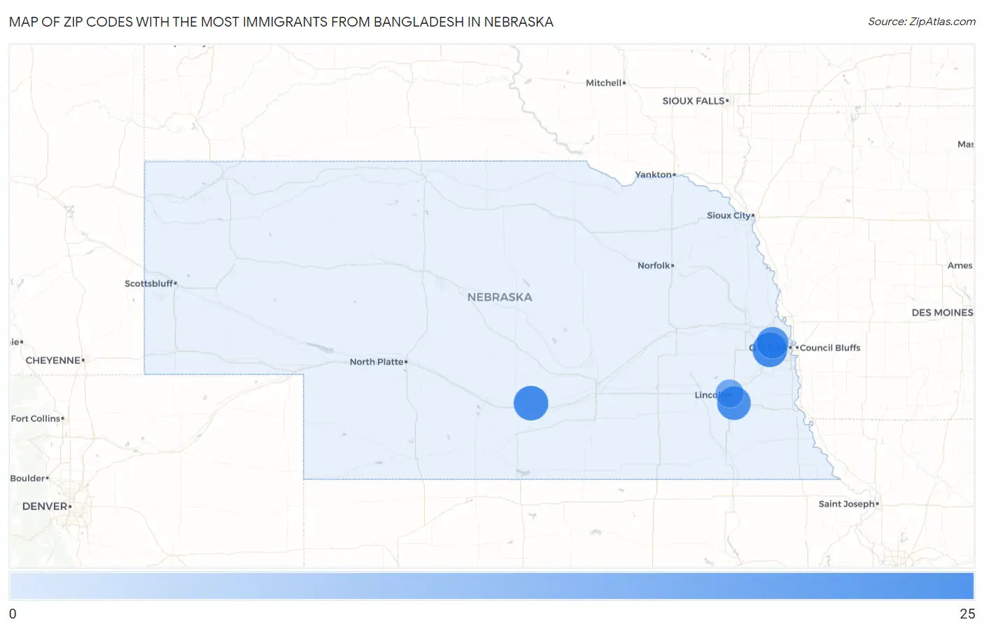 Zip Codes with the Most Immigrants from Bangladesh in Nebraska Map
