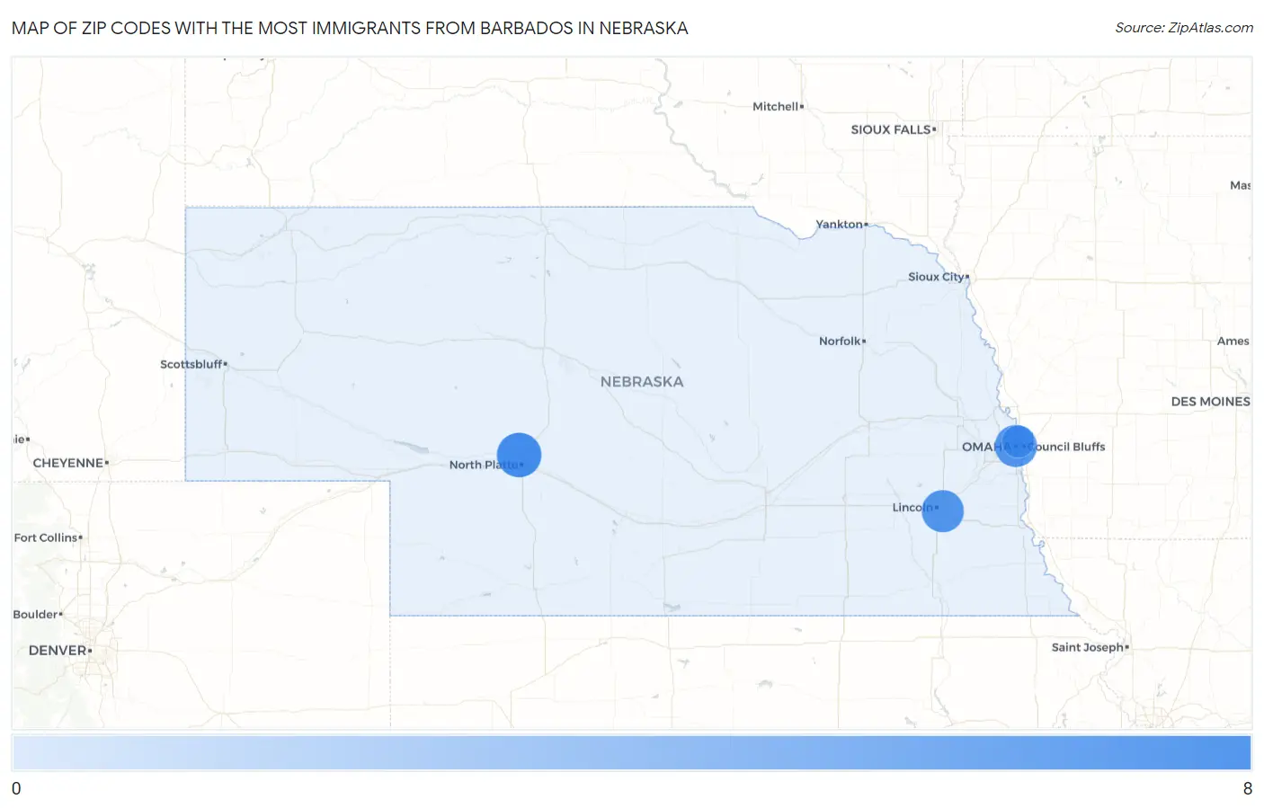 Zip Codes with the Most Immigrants from Barbados in Nebraska Map