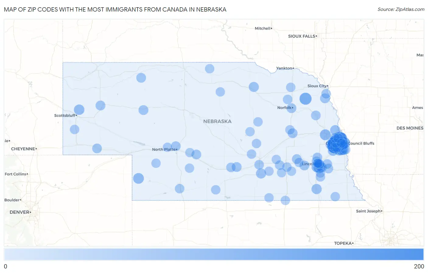 Zip Codes with the Most Immigrants from Canada in Nebraska Map
