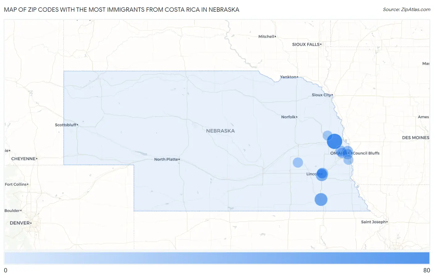 Zip Codes with the Most Immigrants from Costa Rica in Nebraska Map