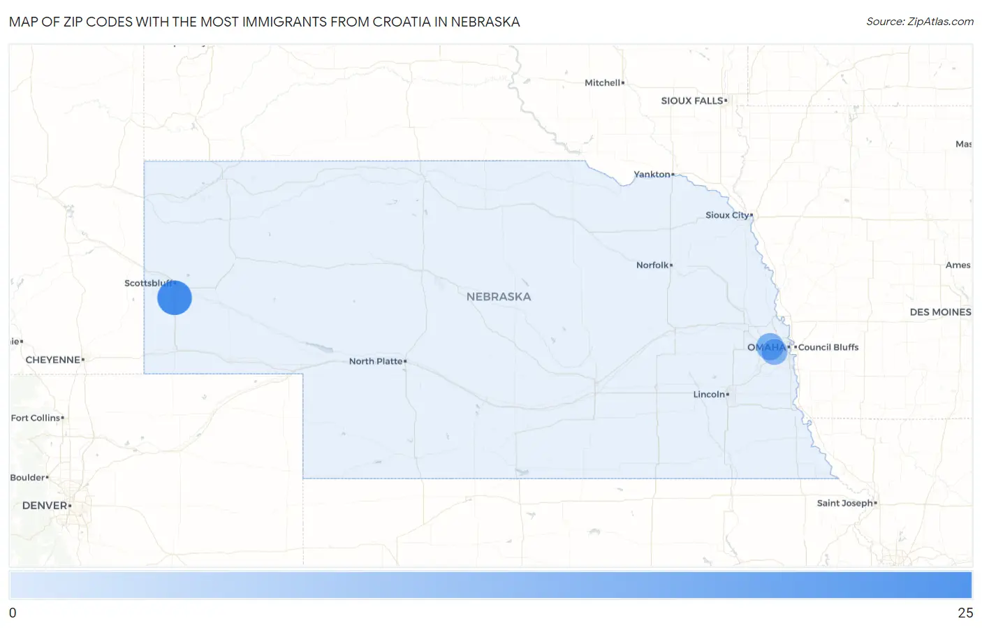 Zip Codes with the Most Immigrants from Croatia in Nebraska Map