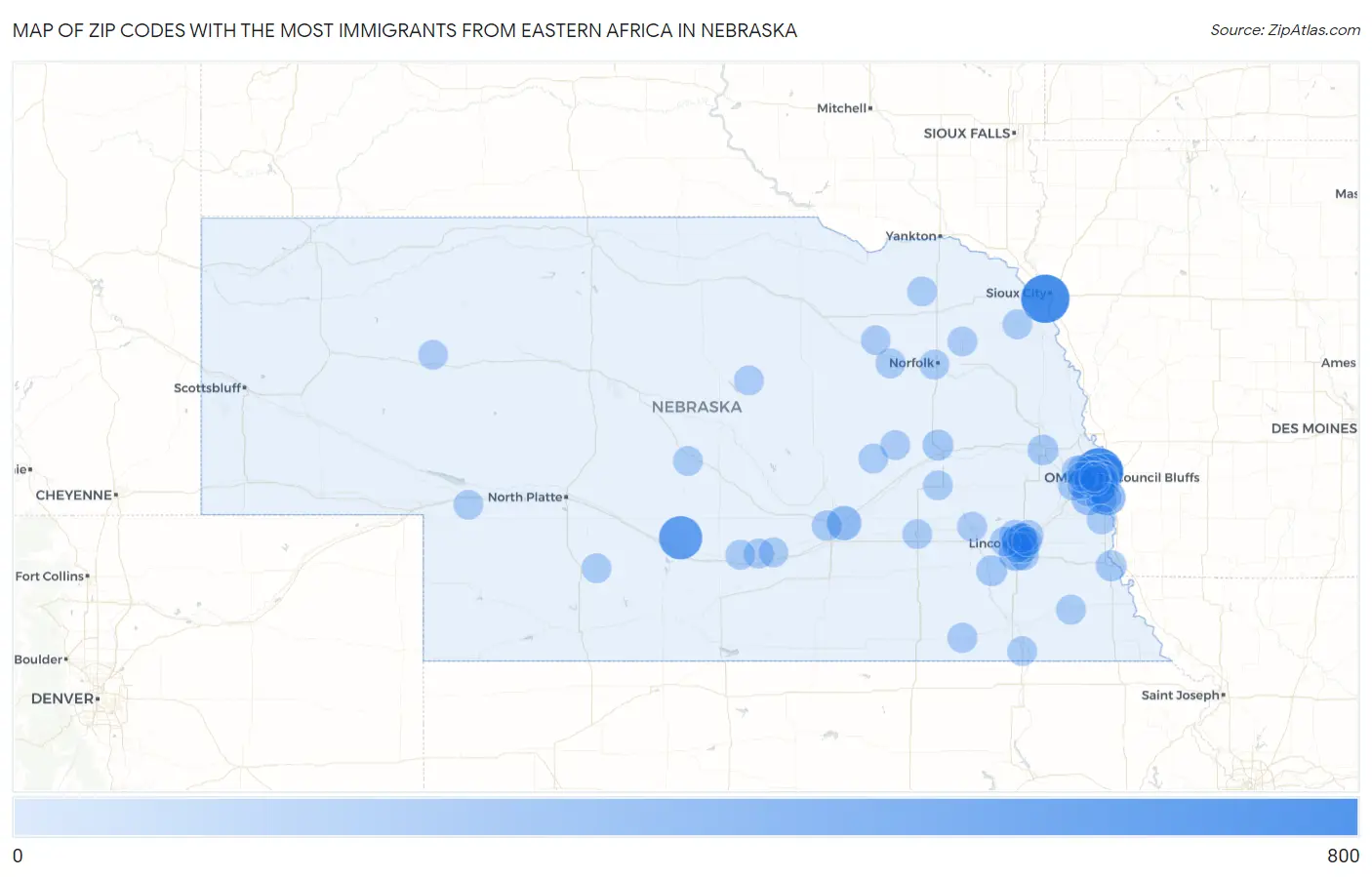 Zip Codes with the Most Immigrants from Eastern Africa in Nebraska Map