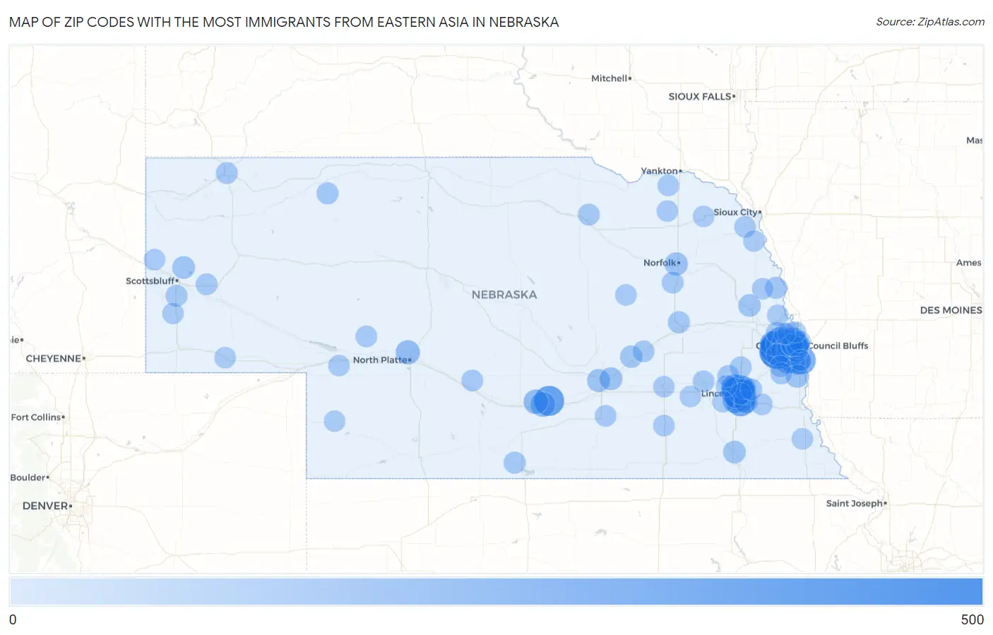 Zip Codes with the Most Immigrants from Eastern Asia in Nebraska Map