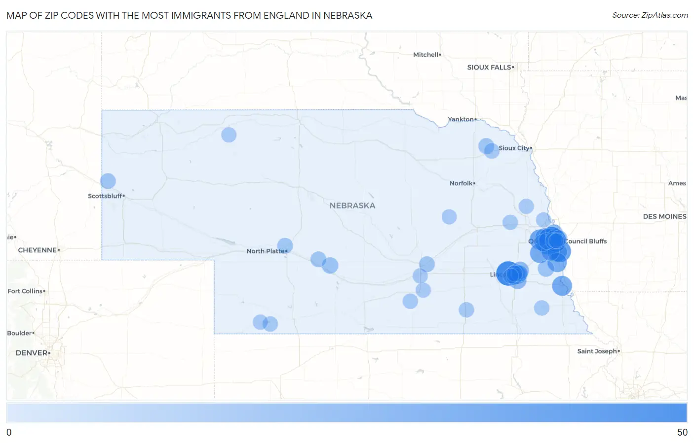 Zip Codes with the Most Immigrants from England in Nebraska Map