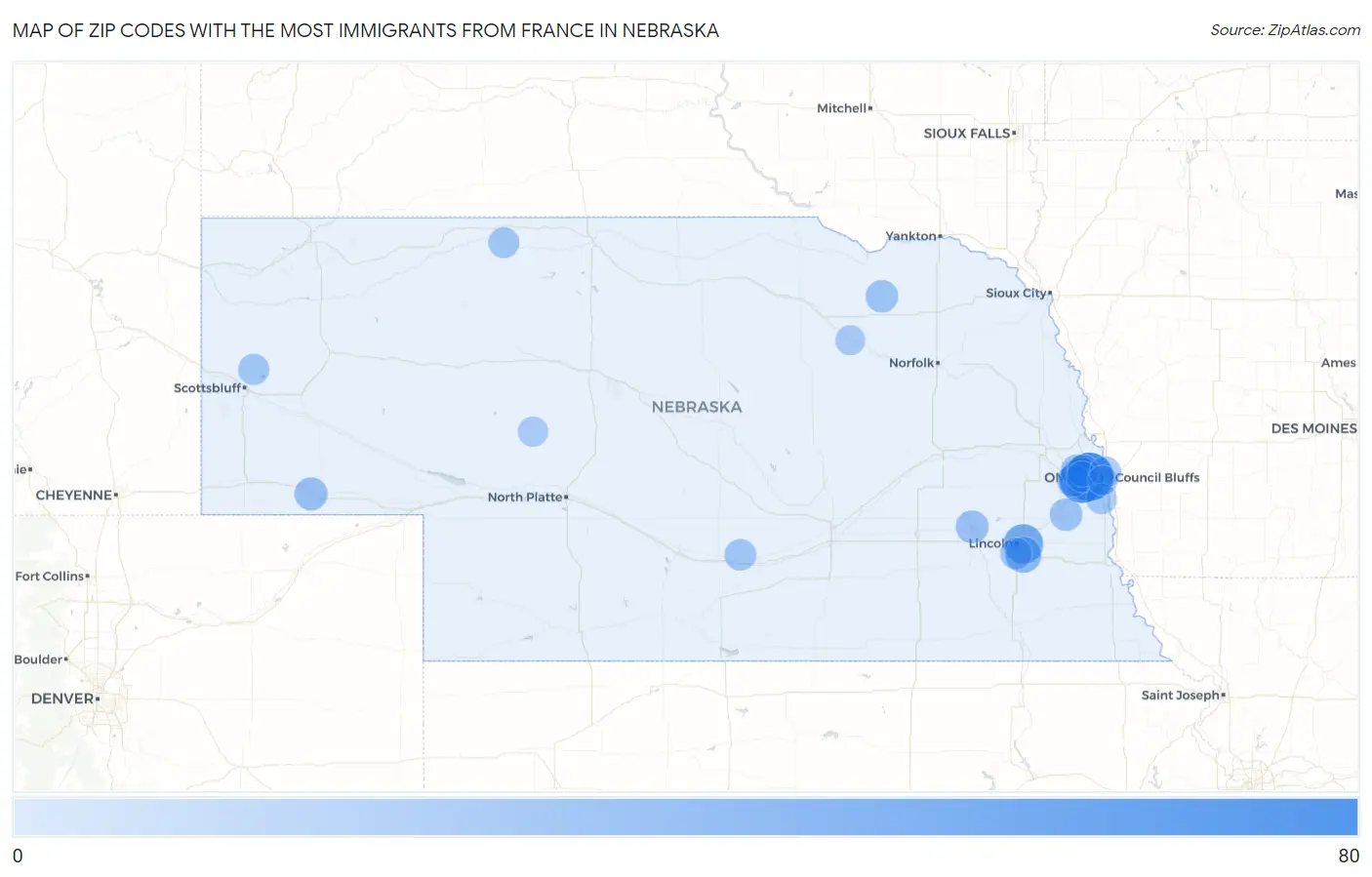 Zip Codes with the Most Immigrants from France in Nebraska Map