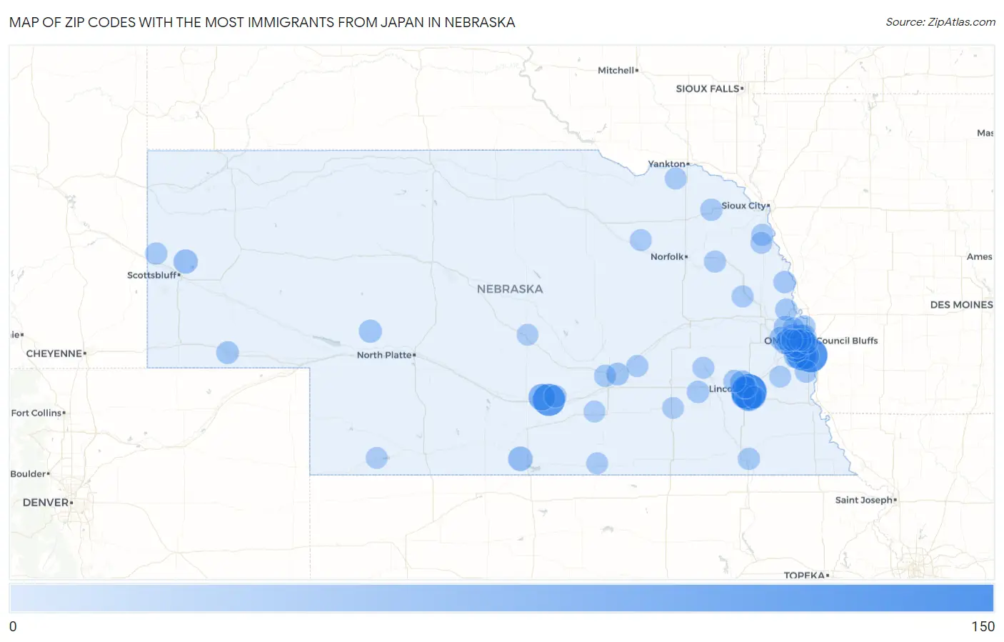 Zip Codes with the Most Immigrants from Japan in Nebraska Map
