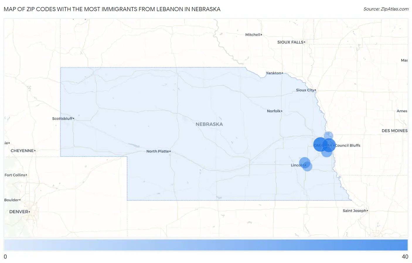 Zip Codes with the Most Immigrants from Lebanon in Nebraska Map