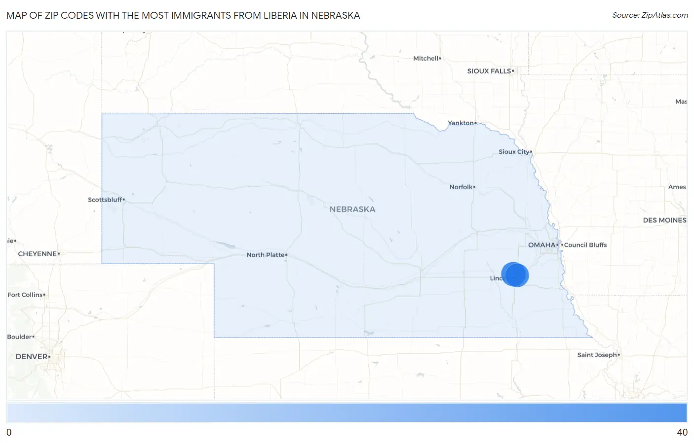 Zip Codes with the Most Immigrants from Liberia in Nebraska Map