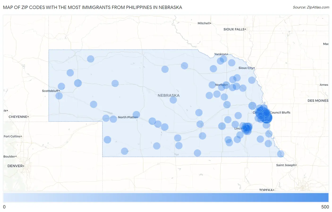 Zip Codes with the Most Immigrants from Philippines in Nebraska Map