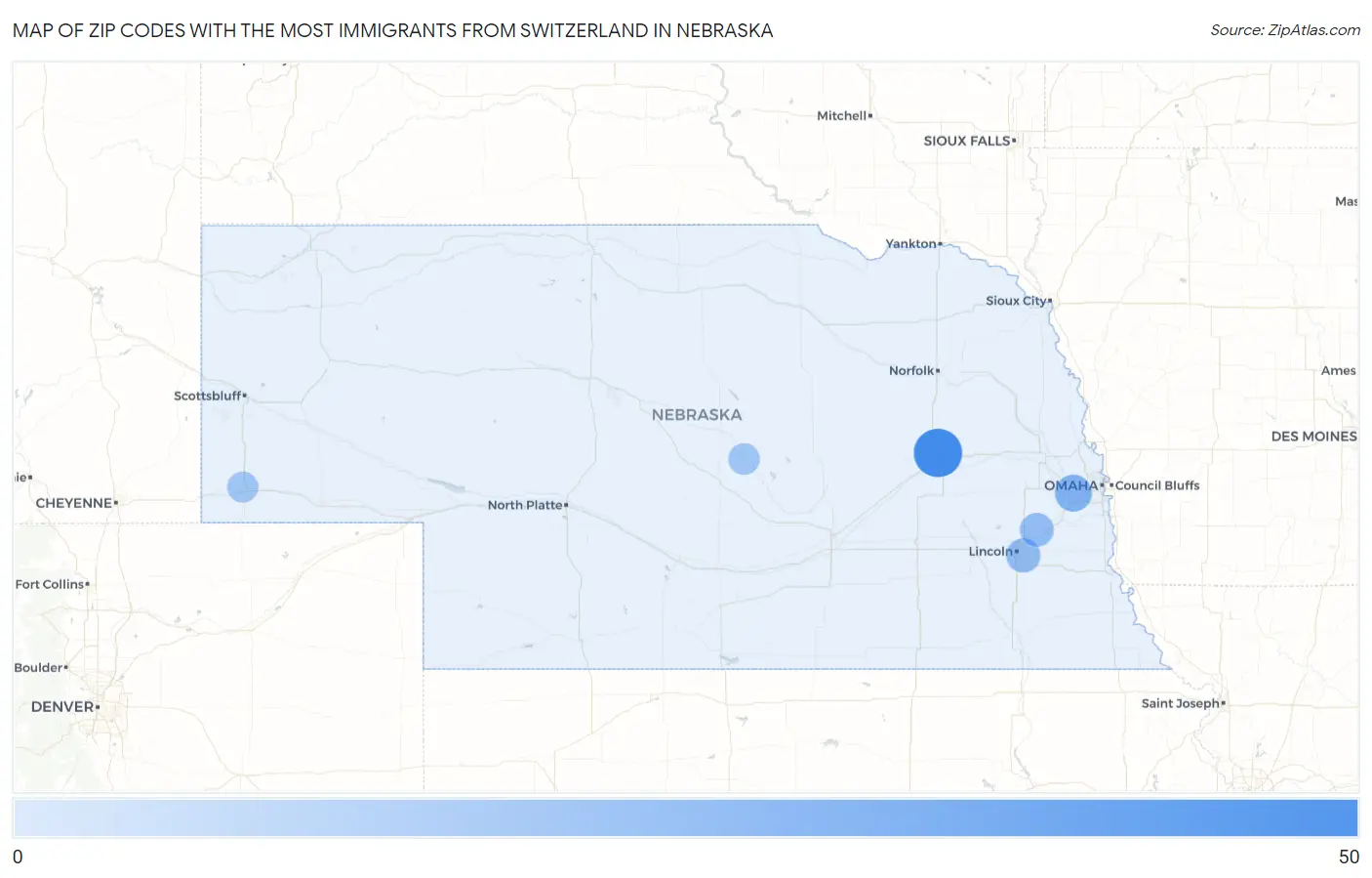 Zip Codes with the Most Immigrants from Switzerland in Nebraska Map