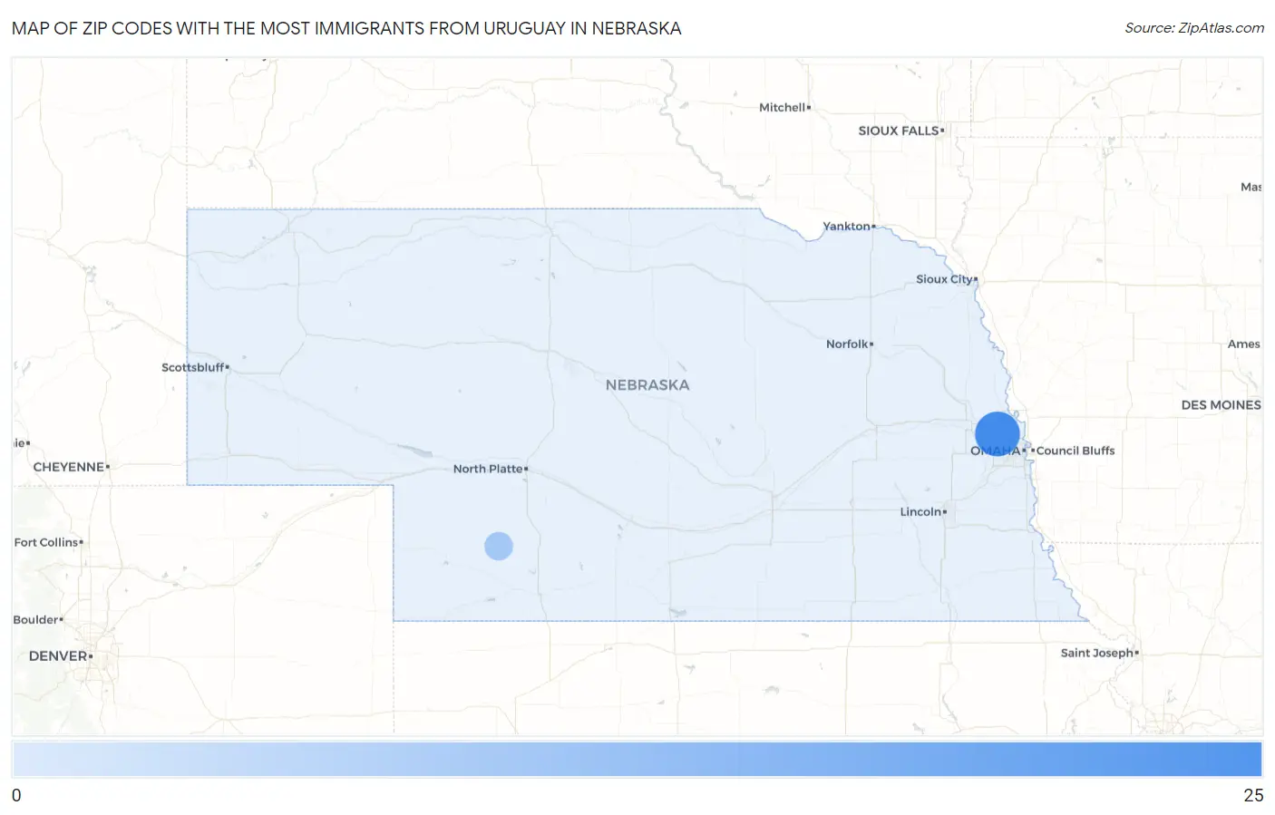 Zip Codes with the Most Immigrants from Uruguay in Nebraska Map