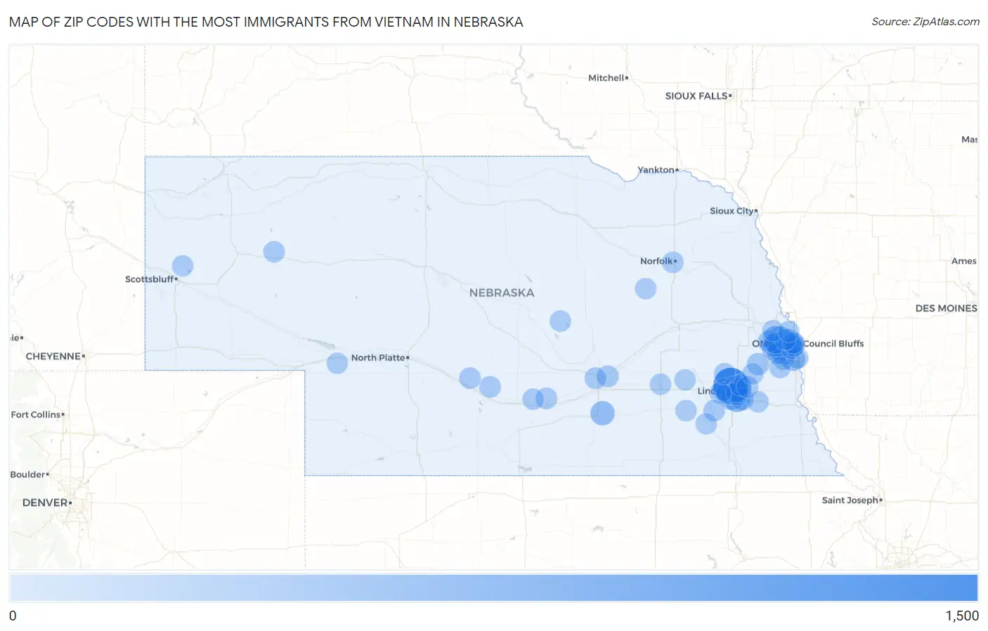 Zip Codes with the Most Immigrants from Vietnam in Nebraska Map