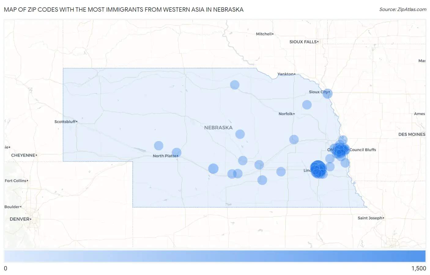 Zip Codes with the Most Immigrants from Western Asia in Nebraska Map
