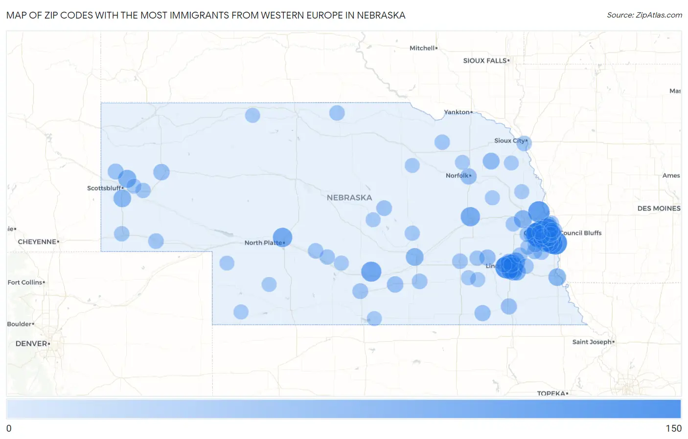 Zip Codes with the Most Immigrants from Western Europe in Nebraska Map