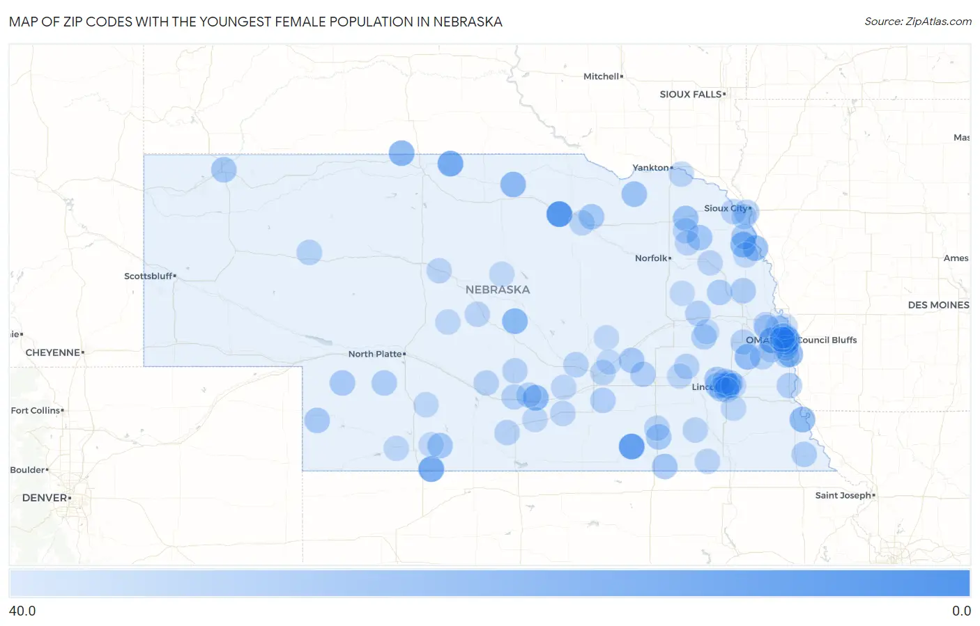 Zip Codes with the Youngest Female Population in Nebraska Map