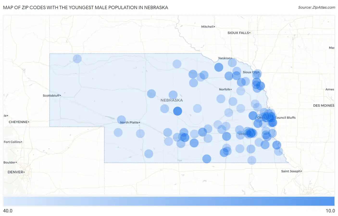 Zip Codes with the Youngest Male Population in Nebraska Map