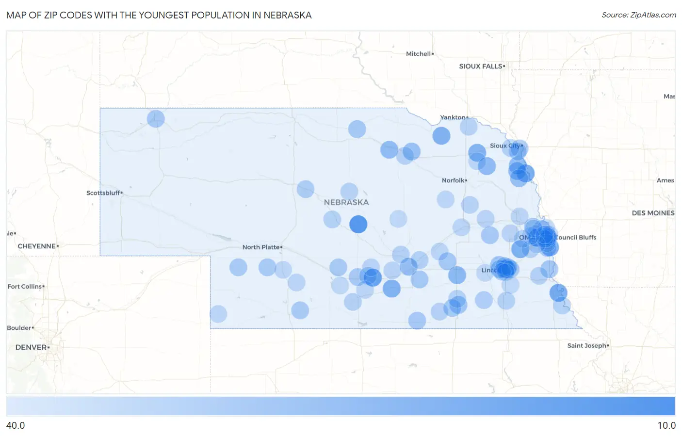 Zip Codes with the Youngest Population in Nebraska Map