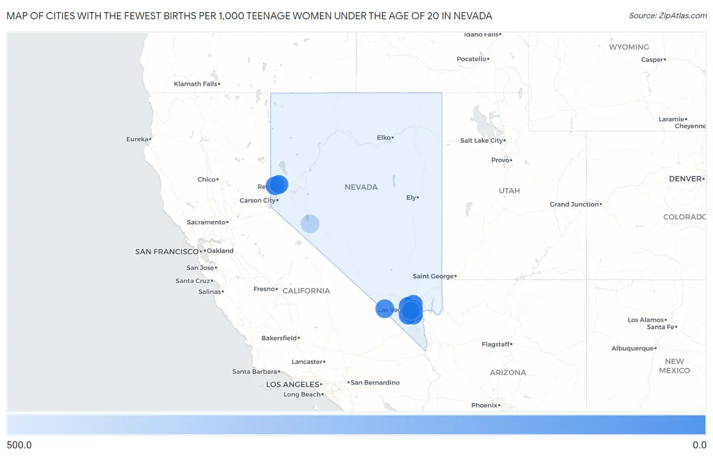 Cities with the Fewest Births per 1,000 Teenage Women Under the Age of 20 in Nevada Map