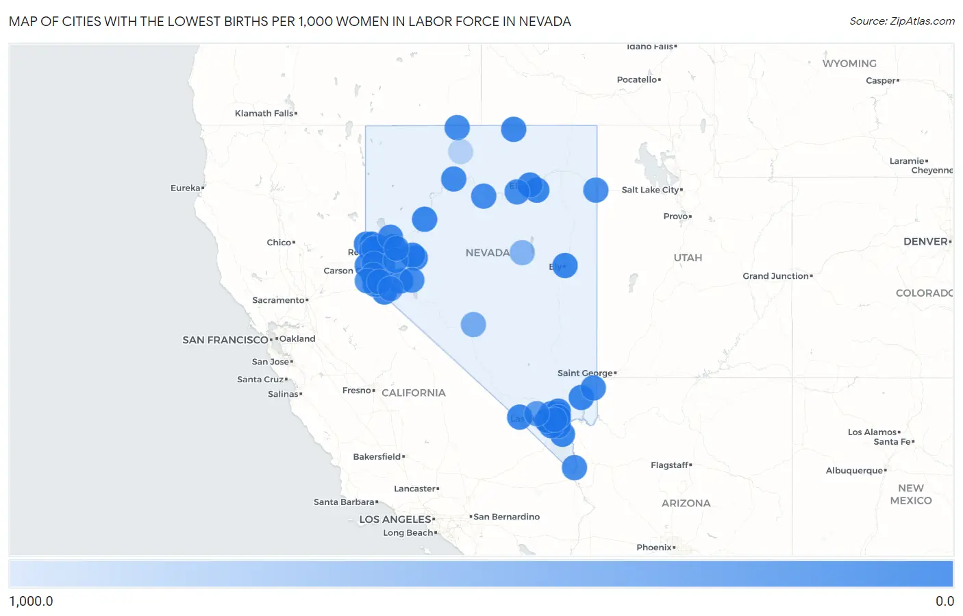 Cities with the Lowest Births per 1,000 Women in Labor Force in Nevada Map
