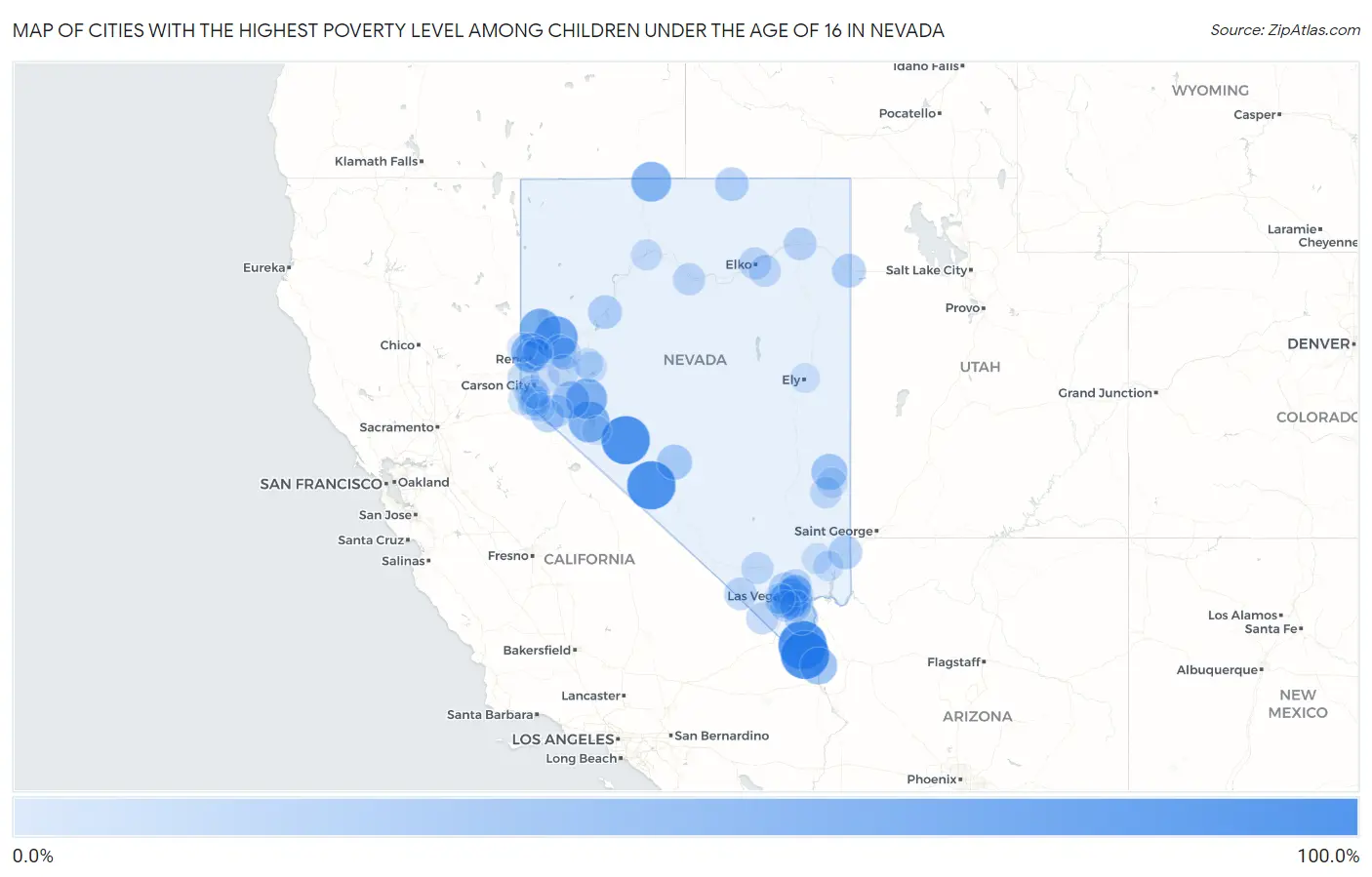 Cities with the Highest Poverty Level Among Children Under the Age of 16 in Nevada Map