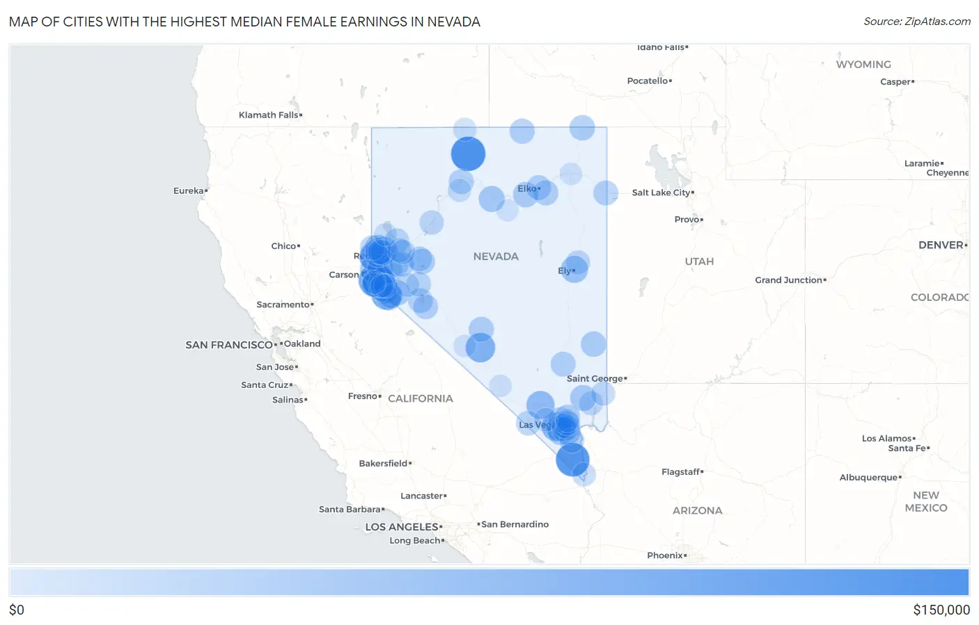 Cities with the Highest Median Female Earnings in Nevada Map