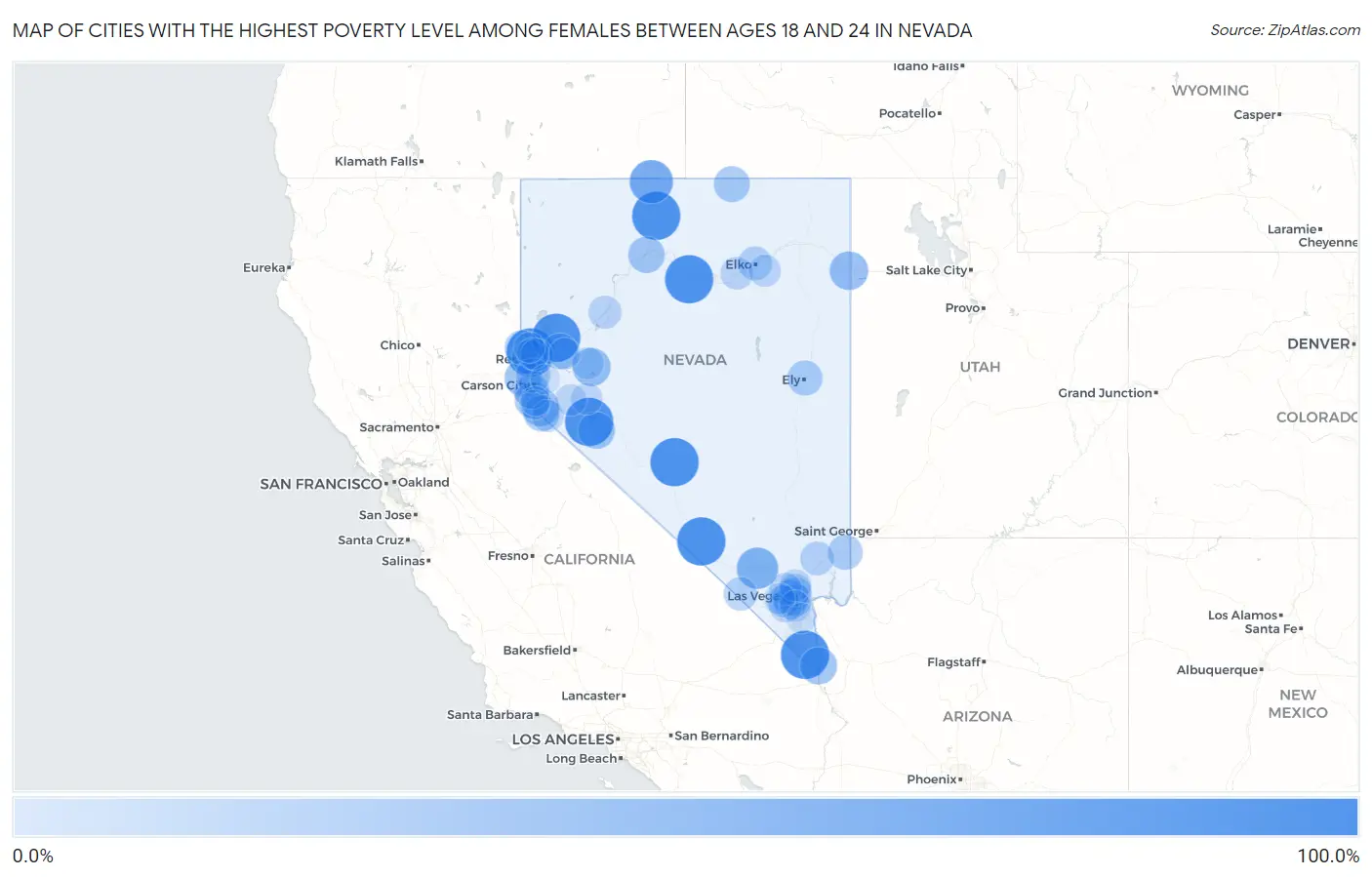 Cities with the Highest Poverty Level Among Females Between Ages 18 and 24 in Nevada Map