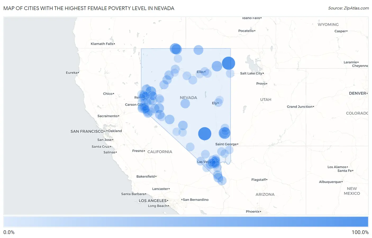 Cities with the Highest Female Poverty Level in Nevada Map