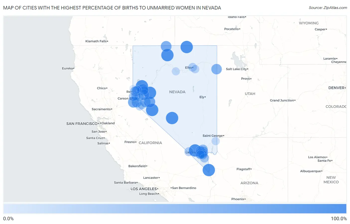 Cities with the Highest Percentage of Births to Unmarried Women in Nevada Map
