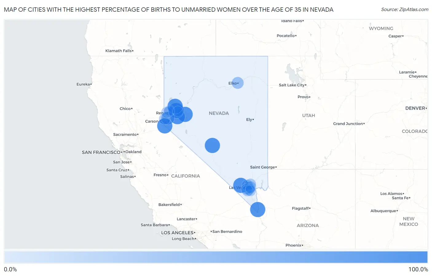 Cities with the Highest Percentage of Births to Unmarried Women over the Age of 35 in Nevada Map