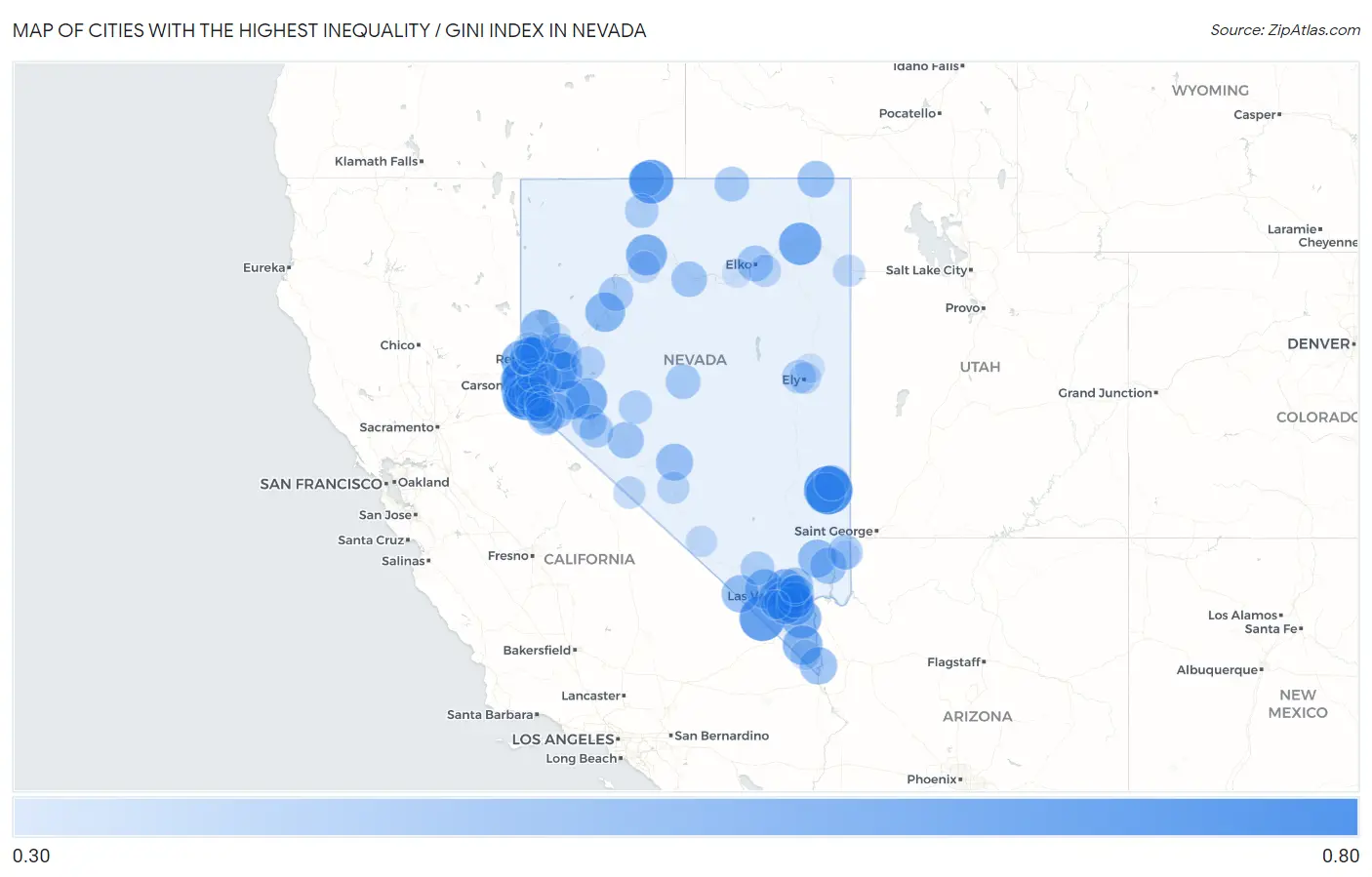 Cities with the Highest Inequality / Gini Index in Nevada Map