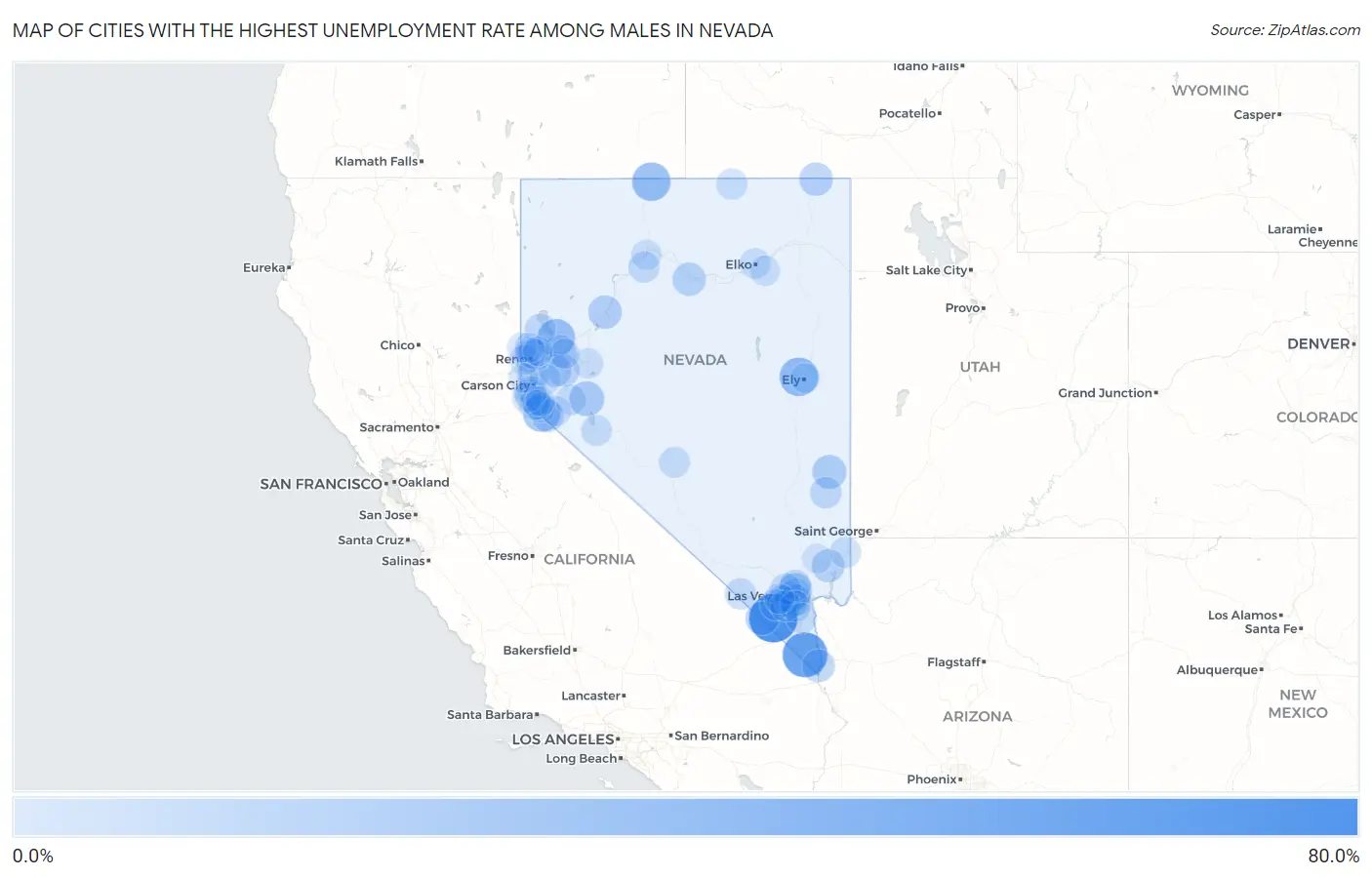 Cities with the Highest Unemployment Rate Among Males in Nevada Map
