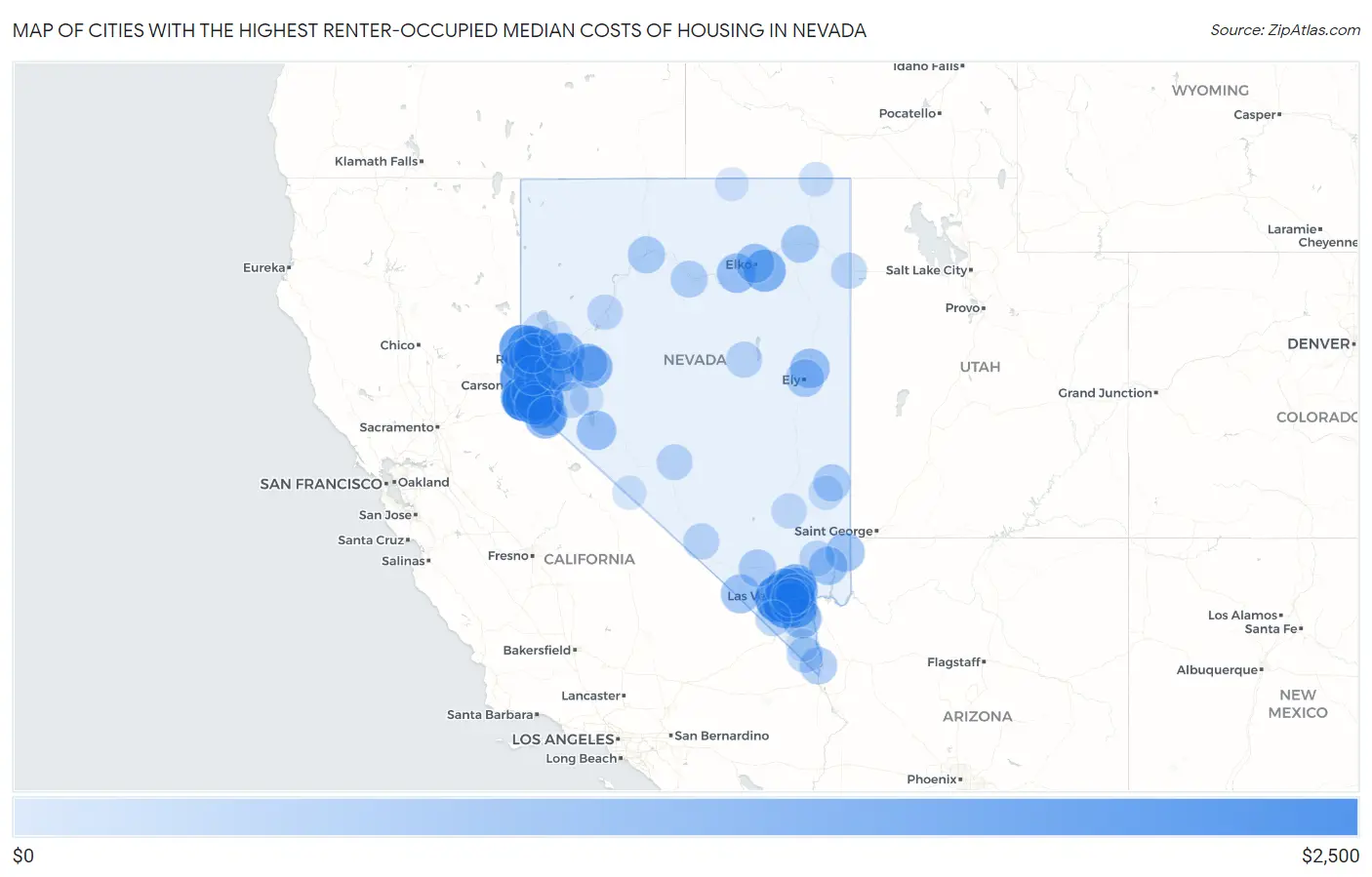 Cities with the Highest Renter-Occupied Median Costs of Housing in Nevada Map