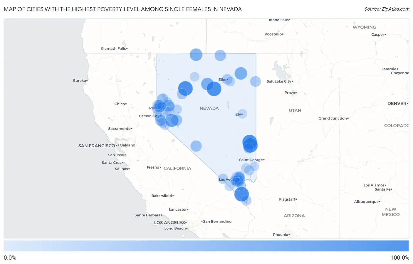 Cities with the Highest Poverty Level Among Single Females in Nevada Map